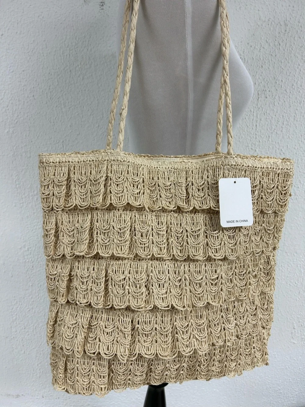 NEW Studio Collection Rattan Straw Tote Bag Purse Tiered Fringe Detail 15x14 - Picture 1 of 6